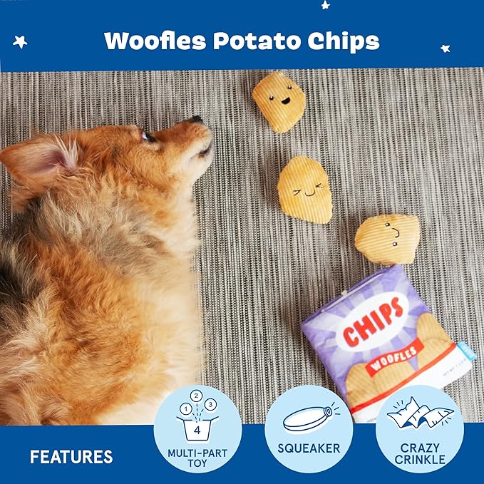 Barkbox Dog Toy 2 in 1 Interactive, Plush Exterior with Squeaker & Crinkle Material, Tearable Dog Toy with Squeaky Spikey Ball Inside, Ideal for Toy Destroyers - Woofles Chips, Small