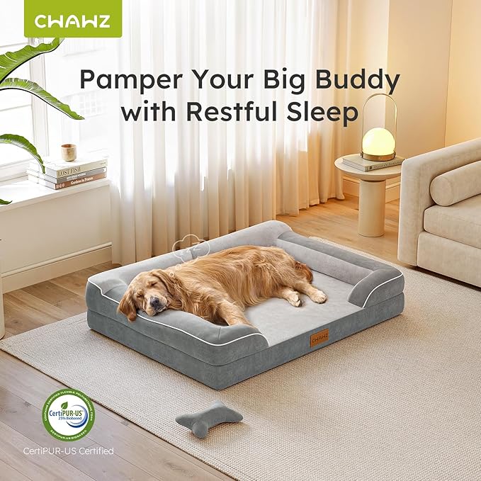 CWAWZ Jumbo Dog Beds for Extra Large Dogs, Orthopedic Dog Bed with Cooling Gel Memory Foam, Waterproof Pet Bed with Removable Washable Cover, 45" Pet Sofa Couch Velvet with Bone Toy, Light Gray