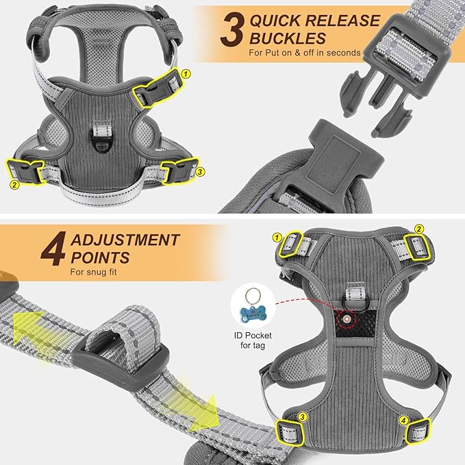 BEAUTYZOO No Pull Dog Harness Large, Adjustable Dog Harness and Leash Set -Easy Wearing with 3 Buckles/Control Handle,No Choke Soft Padded Reflective Pet Vest for Training Walking Hiking,Grey S