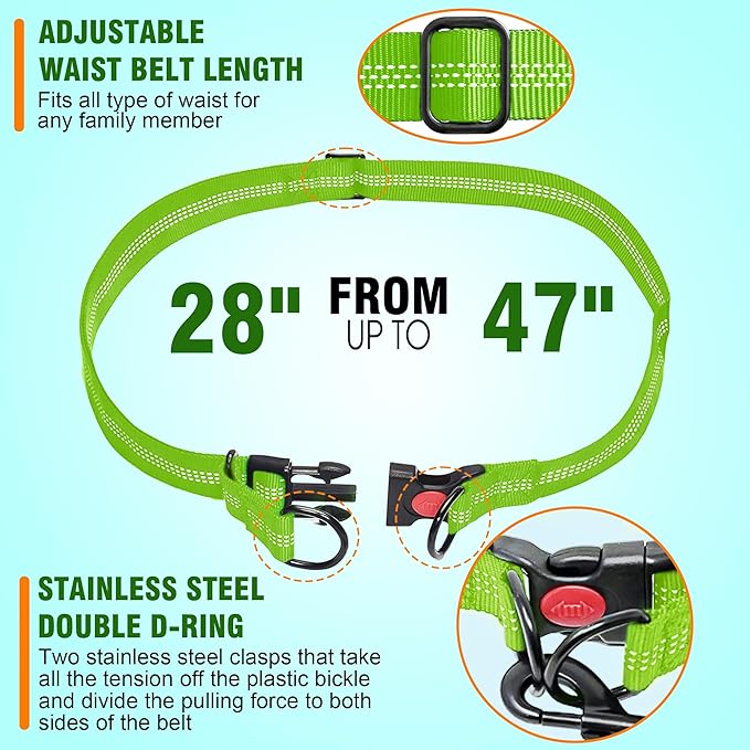 Hands Free Dog Leash with Waist Belt – No-Pull Bungee, Dual Padded Handles & Zipper Pouch for Running, Walking & Training – Adjustable Waist Leash for Large & Medium Dogs (Chartreuse)