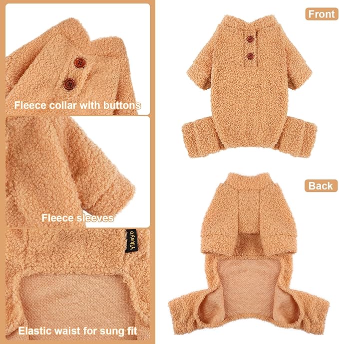 Dog Sweaters for Small Dogs Winter Dog Pajamas Sized Dogs Boy Girl Fleece Pet Clothes Puppy Outfit 4 Legs Jumpsuits for Chihuahua Yorkie Cat Apparel (Khaki, Small)