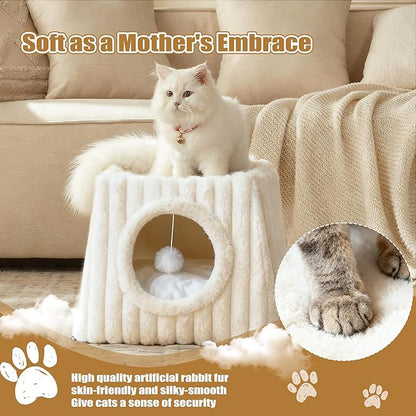 Indoor Cat House - Large Cat Bed Cave with Fluffy Balls and Scratch Pads, Foldable House and Apartment with Pads, Suitable for Multiple Cats(White, Large)