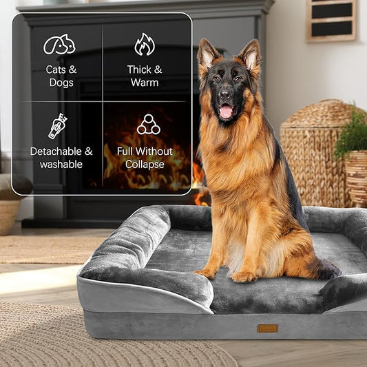 Spotted Play Orthopedic Dog Bed with Sides - Dog Sofa Beds for Extra Large Dogs, Supportive Foam Pet Couch Bed with Washable Removable Cover, Waterproof Lining and Non-Slip Bottom, Grey - XXL