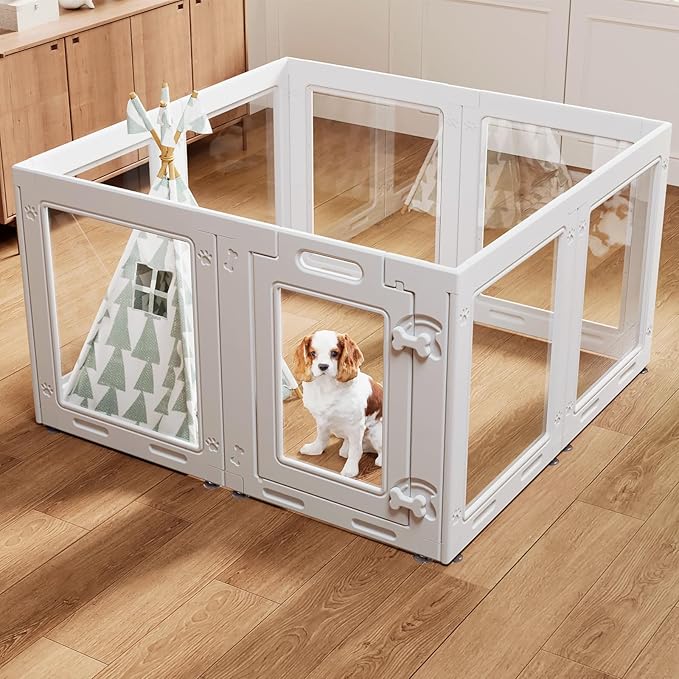 Clear Acrylic Dog Playpen with Door,23.6" Puppy Playpen,Easy Assemble Pet Fence,8-Panel for Puppies/Small Dog Play Pen Indoor (White-8, 23.6 Inch-H, 8 Panel)