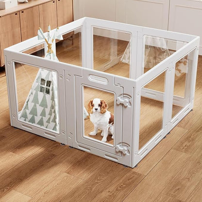 Clear Acrylic Dog Playpen with Door,23.6" Puppy Playpen,Easy Assemble Pet Fence,8-Panel for Puppies/Small Dog Play Pen Indoor (White-8, 23.6 Inch-H, 8 Panel)