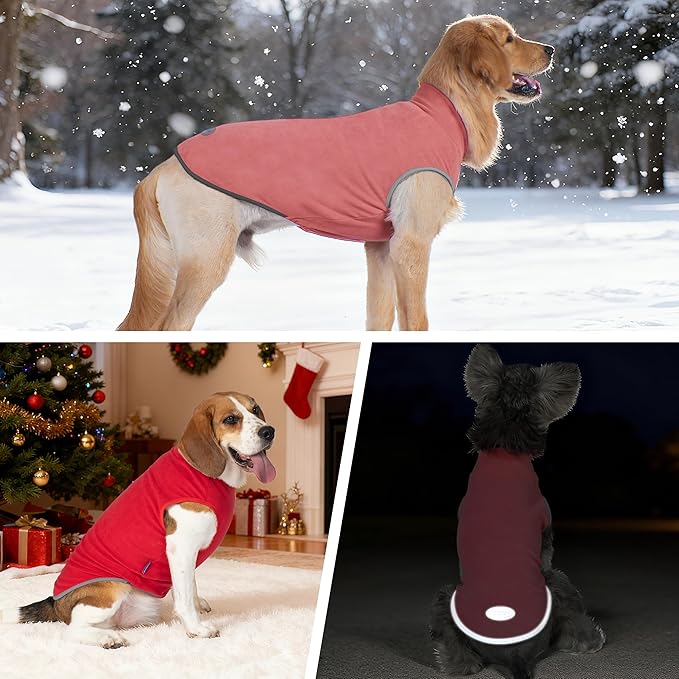 cyeollo 2 Pack Small Fleece Dog Sweater Stretchy Pullover Soft Dog Jacket with Reflective Stripe Female & Male Sweatshirt Pet Clothes Coats for Small Dogs, Red & Fuschia L