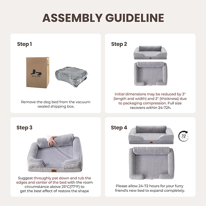 Warmrest Orthopedic Dog Beds for Large Sized Dogs, Waterproof Egg-Crate Foam Pet Couch Bed with Soft Side, Non-Slip Dog Sofa with Flannel Removable Washable Cover, 35"L Supportive Pet Sofa, Light Grey