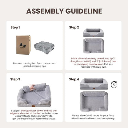 Warmrest Orthopedic Dog Beds for Large Sized Dogs, Waterproof Egg-Crate Foam Pet Couch Bed with Soft Side, Non-Slip Dog Sofa with Flannel Removable Washable Cover, 35"L Supportive Pet Sofa, Light Grey