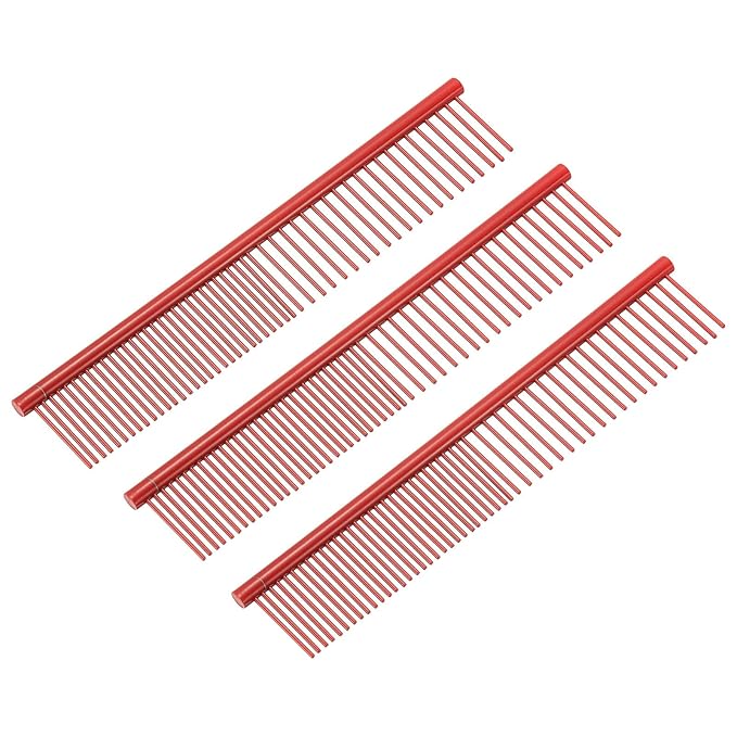 PETAXCELL Dog Cat Comb, Pet Combs Stainless Steel Teeth with Rounded Ends for Knots Mats Loose Hair Removal, 6.5IN (Red Coated, 3 Pack), Grooming Tool Intended for Long Curly Hair Pet