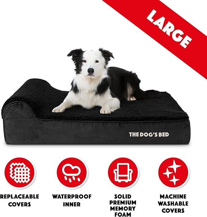 The Dog’s Bed Orthopedic Headrest Dog Bed Large Black Plush, Memory Foam, Pain Relief for Arthritis, Hip & Elbow Dysplasia, Post Surgery, Lameness, Waterproof Washable Cover, Veterinary Approved