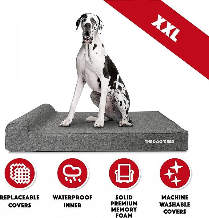 The Dog’s Bed Orthopedic Headrest Dog Bed XXL Grey Linen, Memory Foam, Pain Relief for Arthritis, Hip & Elbow Dysplasia, Post Surgery, Lameness, Waterproof Washable Cover, Veterinary Approved