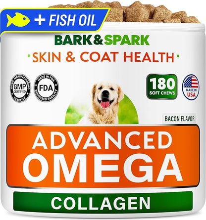BARK&SPARK Advanced Omega-3 Collagen for Dogs - 180 Fish & Salmon Oil Treats for Dog Shedding, Skin Allergy Chews, Itch Relief, Hot Spots Treatment - Joints, Skin&Coat Supplement, EPA&DHA Fatty Acids