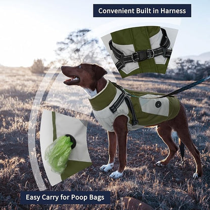 IECOii Dog Coat with Harness Built in - Green, Large - Waterproof Winter Coat, Fleece Lined Snow Jacket for Dogs