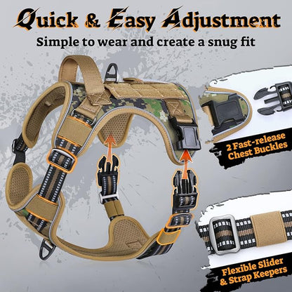 rabbitgoo Dog Harness Medium Sized No Pull, Tactical Service Pet Vest with Molle and Control Handle, Adjustable and Reflective Military Harness for Easy Walking and Training, Brown camo, M