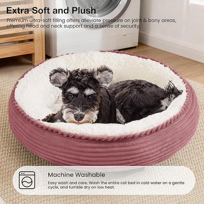 Love's cabin Round Donut Cat and Dog Cushion Bed, 25in Pet Bed for Small or Medium Dogs, Anti-Slip & Water-Resistant Bottom, Soft Durable Fabric Pet Beds, Washable Calming Cat Bed Dusty Rose Stripe