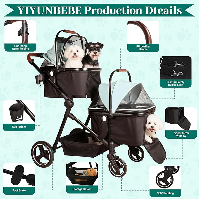 Foldable Double Pet Stroller for 2 Small Medium Cats or Dogs, Lightweight Single and Double Integrated Pet Stroller with Detachable Carriers