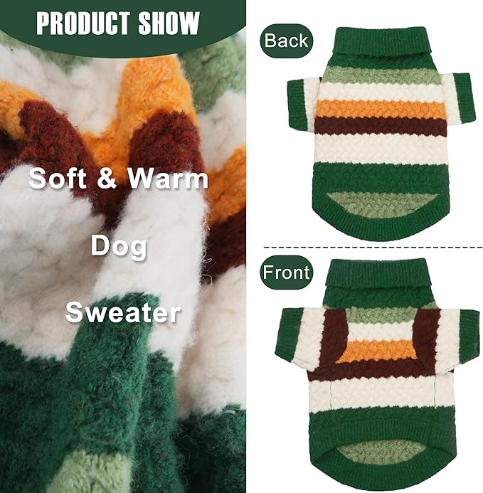 KAROKU Dog Sweater, Classic Turtleneck Knitted Striped Dog Sweaters, Warm Sweater for Winter, Soft Christmas Sweaters for Boy Girl, Dogs Clothes for Small/Medium Cats, Doggys (Green, Large)