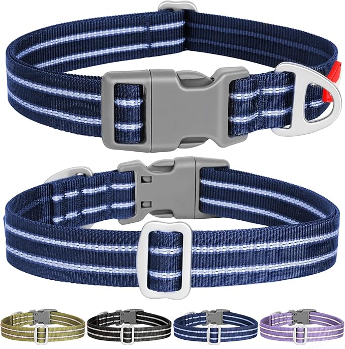 Tacwild Adjustable Reflective Dog Collar, Puppy Collar with D-Ring Buckle - Durable Safety Nylon Dogs Collars for Medium Dogs (Blue-M)