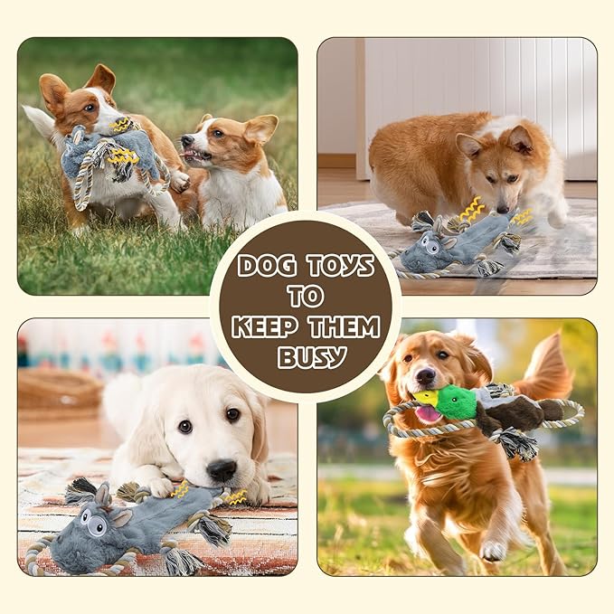 3 Pack No Stuffing Squeaky Dog Toys,Tug of War Dog Toy with Pull Rope, Interactive Dog Toys Dog Gifts for Small,Medium Dog