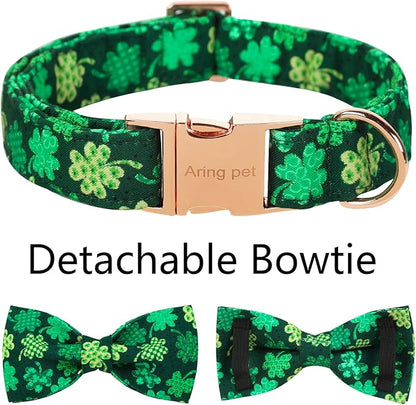 ARING PET St. Patrick's Day Dog Collar with Bow, Cute Adjustable Plaid Clovers Bowtie Pet Collars with Metal Buckle for Puppy Small Medium Large Boy Girl Dogs-XL