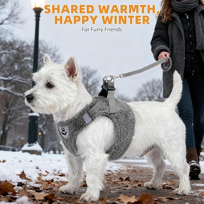 KOOLTAIL Plush Small Dog Harness and Leash Set, Warm Fleece No Pull Puppy Vest for Winter, Lightweight Reflective Step in Pet Harness for Medium Sized Dogs Boy Girl Outdoor Walking Cute Soft, Gray M
