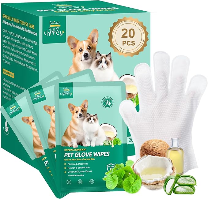 CHPPEY 20 PCS Pet Cleaning and Deodorizing Bathing Grooming Glove Wipes for Dogs and Cats, Extra Thick Nourish Fur No-Rinse Grooming Wipes for Daily Care and Travel, Hypoallergenic