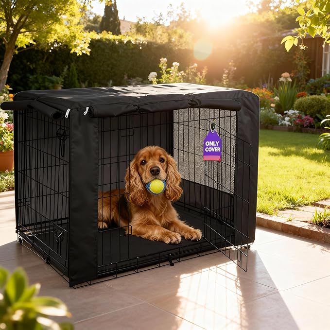 HiCaptain Breathable Dog Crate Cover 48 Inch, Durable Heavy Duty Kennel Cover, Dual Zippered Panels, Windproof Waterproof UV-Resistant(Black)