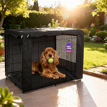 HiCaptain Breathable Dog Crate Cover 48 Inch, Durable Heavy Duty Kennel Cover, Dual Zippered Panels, Windproof Waterproof UV-Resistant(Black)