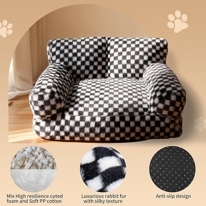 Faux Fur Cat & Dog Sofa Cat Couch Mini Cat Bed Indoor Human Style Pet Sofa, Modern Pet Furniture for Cats, Washable ＆ Removable Cover, for Cats and Small Medium Dogs (Black/White, Medium(24X19 inch))