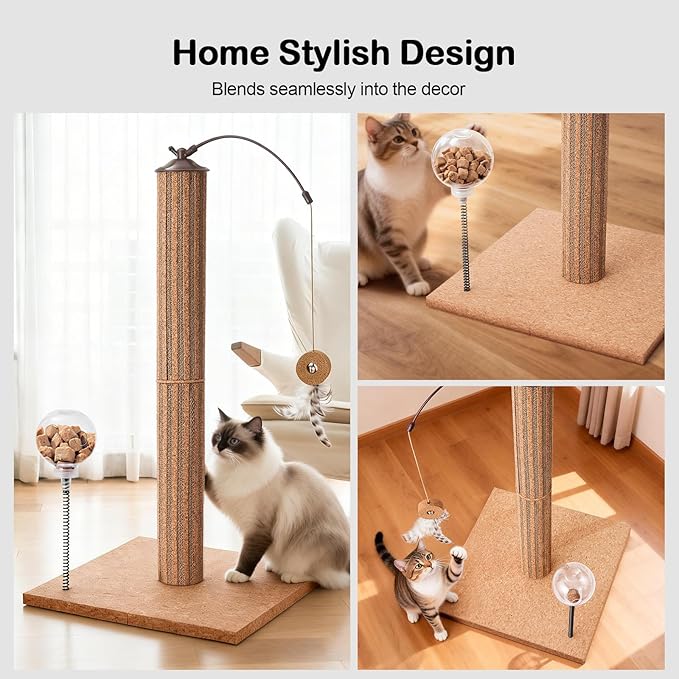 Cat Scratching Post Cork & Cardboard Mix with Heavey Duty Solid Wood Base, Indoor 26" Premium Durable Nature Kitten Scratch Post Tree with Snack Ball & Feather Interactive Toys for Kittens & Adult