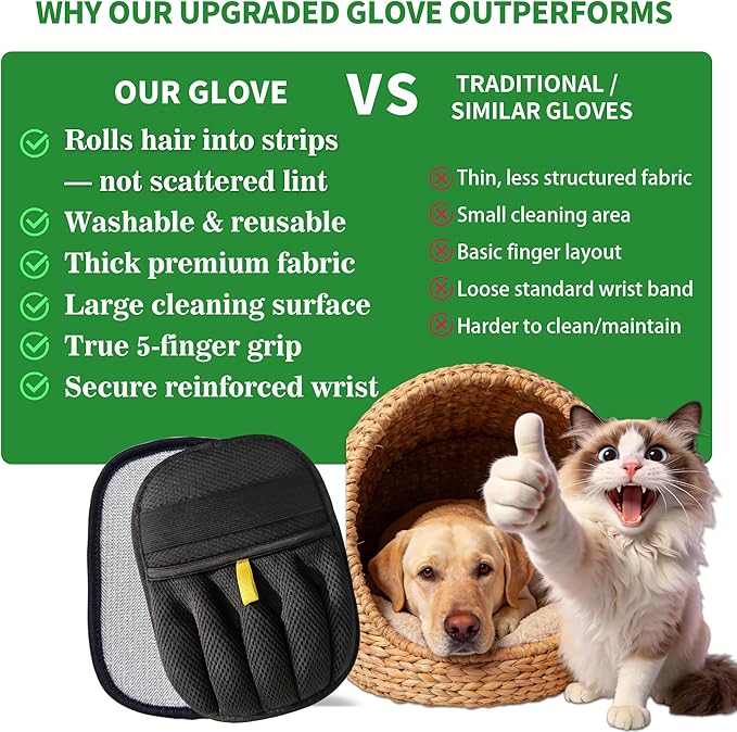 Pet Hair Remover Glove for Dogs & Cats, Electrostatic Fabric Hair Removal Mitt for Sofa, Couch, Bedding, Carpet & Car Interior, Reusable Furniture & Upholstery Cleaning Tool