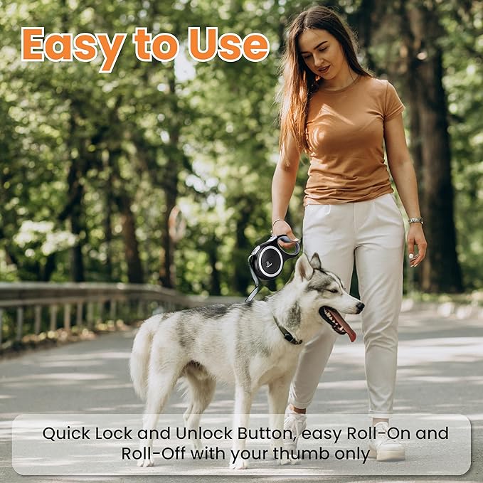 PetVest Retractable Dog Leash – Extendable up to 16 FT, Heavy Duty Nylon Tape, No-Tangle, One-Handed Brake & Lock, for Small to X-Large Dogs up to 110 lbs (Black)
