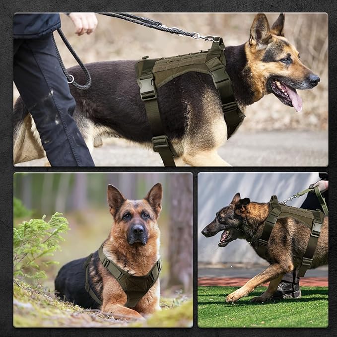 Tactical Dog Harness for Large Dogs, Adjustable No Pull Service Dog Vest Suitable for Training, Walking and Traveling, Easy Control Pet Harness, Army Green, XL