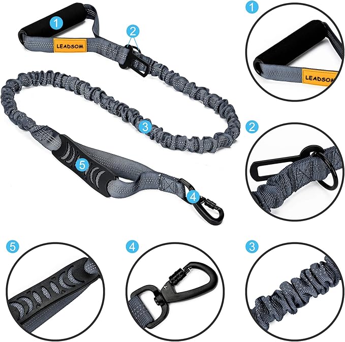 LEADSOM 6FT Highly Reflective Heavy Duty Elastic Bungee Medium and Large Dog Leash Shock Absorbing with Comfortable Padded Handle and Traffic Handle Suitable for Training Grey