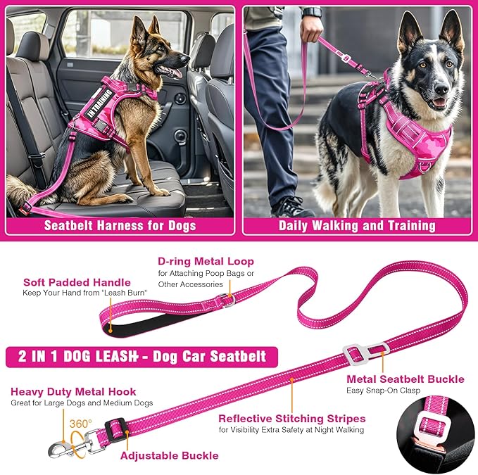 MOOGROU Tactical Service Dog Vest and Leash Set,Heavy Duty No Pull Dog Harness and 10 Patches with Dog Seat Belt for Medium Dogs,Reflective Pet Harness for Training Walking Hiking Camo Pink M