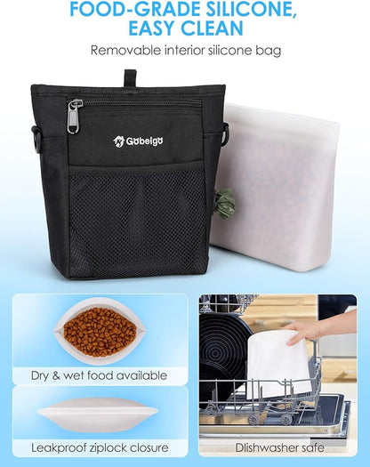 Gobeigo Dog Treat Pouch with Silicone Liner, 【4 Cup】【3 Ways to Wear 】 Treat Bag with Training Clicker, Front Pocket fits All Phones, Upgrade Stronger Magnetic Closure Walking Fanny Pack (Black)