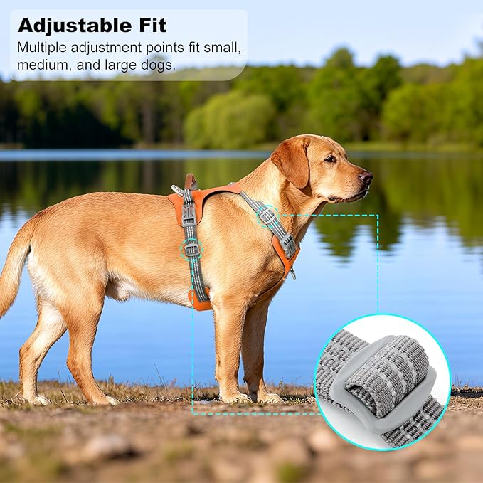 ApakBak No Pull Dog Harness – Adjustable Reflective Nylon Vest for Small Medium Large Dogs, Escape Proof Training Harness with Leather Control Handle, Lightweight Aluminum Hardware (Orange, XL)