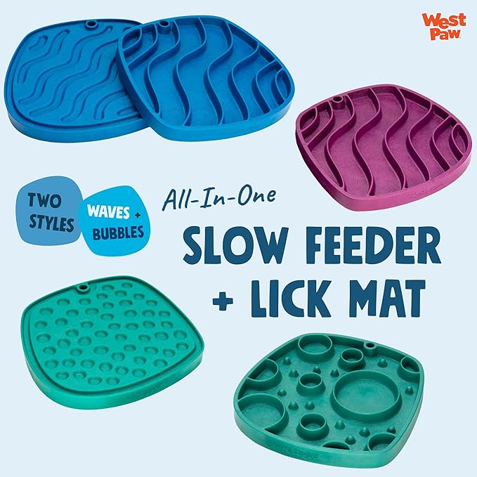 West Paw Seaflex Bubbles Feast Mat – All-in-One, Slow Feeder, Lick Mat – Encourages Foraging & Food Exploration - Engages Picky Eaters & Slow Feeding - Versatile – Easy to Clean, Non-Toxic -Periwinkle