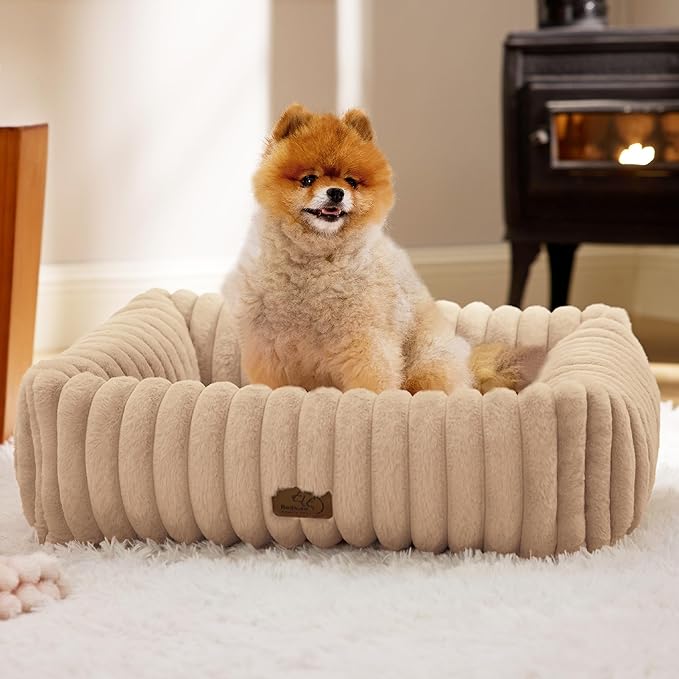Bedsure ComfyFleece Cute Dog Bed for Small Medium Dogs - Washable Furry Puppy Beds, Rectangle Orthopedic Corduroy Fleece Pet Beds with Removable Zipper Cover, 25x21x7inches,Sandy Beige