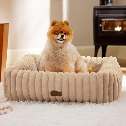 Bedsure ComfyFleece Cute Dog Bed for Small Medium Dogs - Washable Furry Puppy Beds, Rectangle Orthopedic Corduroy Fleece Pet Beds with Removable Zipper Cover, 25x21x7inches,Sandy Beige