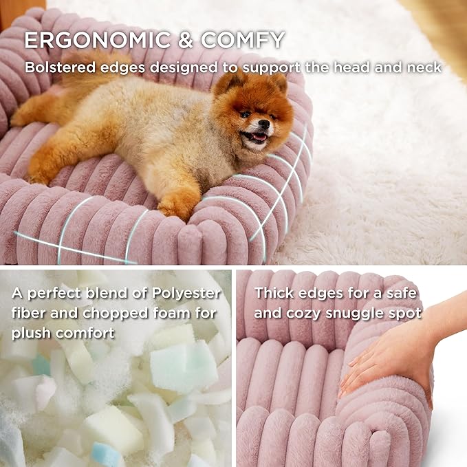 Bedsure ComfyFleece Cute Dog Bed for Small Medium Dogs - Washable Furry Puppy Beds, Rectangle Orthopedic Corduroy Fleece Pet Beds with Removable Zipper Cover, 25x21x7inches, Blush Pink