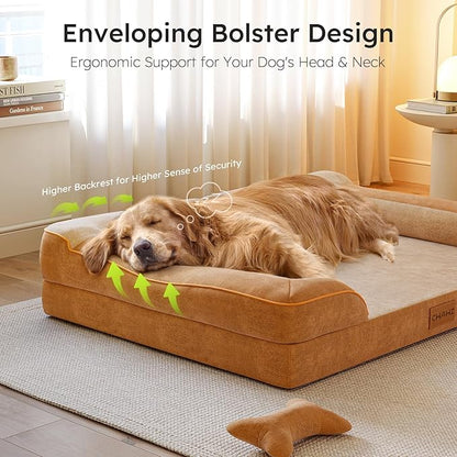 CWAWZ XXL Dog Bed for Extra Large Dogs, Giant Orthopedic Dog Bed with Cooling Gel Memory Foam, Waterproof Pet Bed with Removable Washable Cover, 53" Pet Sofa Bed Dutch Velvet with Bone Toy, Brown