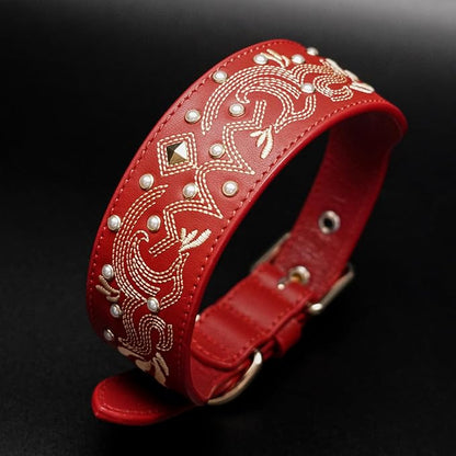 Blueberry Pet Western Leather Dog Collar - Genuine Leather with Floral Embroidery & Pearl Studs Adjustable 15-18 Inch Neck for Medium Dogs, Comfortable and Stylish Pet Collar