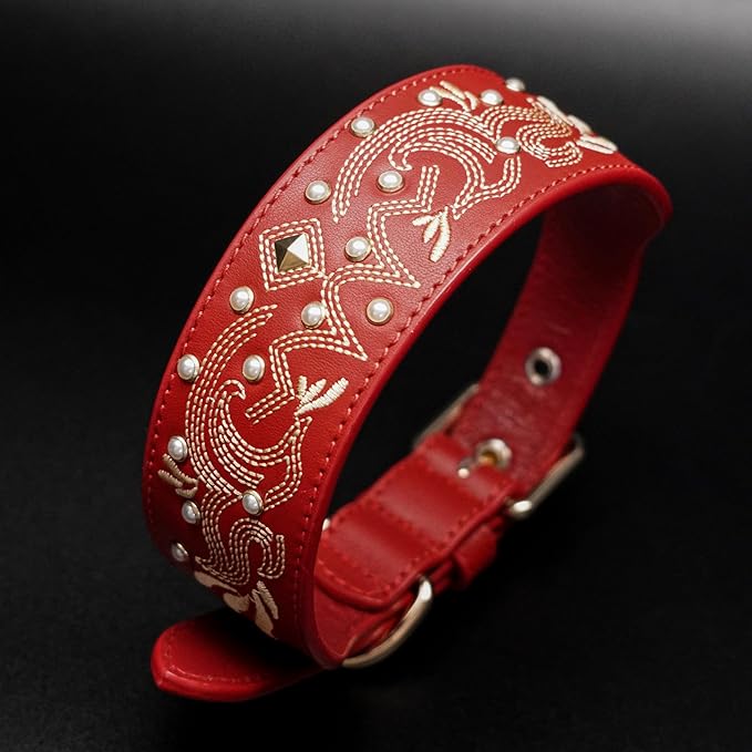 Blueberry Pet Western Leather Dog Collar - Genuine Leather with Floral Embroidery & Pearl Studs, Adjustable 18-22 Inch Neck for Large Dogs, Comfortable and Stylish Pet Collar