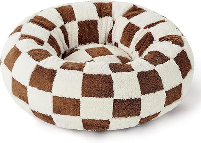 LE SURE Donut Cat Beds for Indoor Cats - Gift for Pets with Washable Cover, Cute Modern Puppy Beds with Jacquard Shaggy Plush & Anti Slip Bottom, 20 Inch, Brown