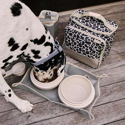 Cleverpup, Large 7-Piece Bistro Box Dog Food Travel Kit, 12-Cup Kibble Storage, 2 Silicone Bowls, Mat & Scoop - Premium Portable Pet Food Kit for Weekends, Overnights, Daycare & Camping, Leopard