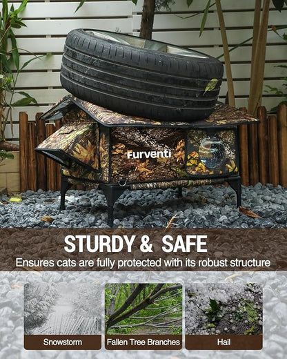 Heated Cat House for Outside,Extremely Weatherproof&Insulated in Winter,Elevated Outdoor Cat Shelter with Waterproof Eaves&Escape Door for Feral Stray Barn Cats(Leaves,S)
