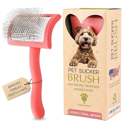 Pet Slicker Brush With Soft Massage Grooming Stainless Steel Pins - For Dematting, Shedding Fur, and Undercoat - Ideal Gift for Professional Pet Groomers - Long Slicker Brush (Coral, Curved Medium)