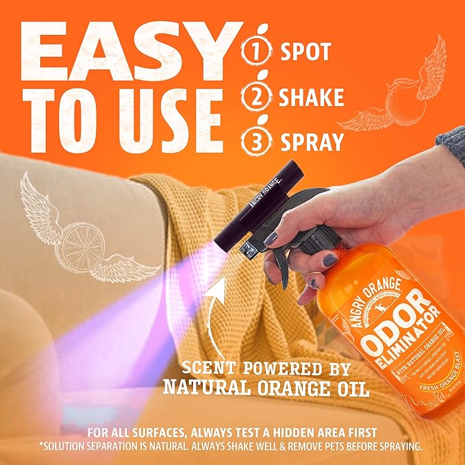 ANGRY ORANGE Pet Odor Eliminator Kit for Dog/Cat Urine - Citrus - 24 oz + UV Flashlight