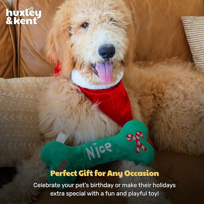 Huxley & Kent Funny Dog Toy w/Squeaker – Holiday Power Plush Squeaky Dog Toys for Small, Medium & Large Dogs – Soft Stuffed Animal for Indoor Play & Fetch - Naughty Nice Bone, Small